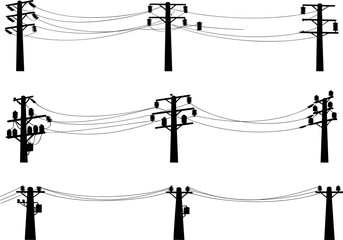 Utility pole silhouettes, power lines, electrical infrastructure, transformer design, voltage grid, rural energy system, flavector
