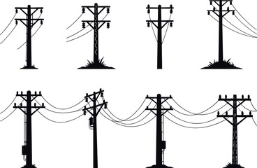 Utility pole silhouettes, power line variations, electrical infrastructure, transformer setup, voltage grid, rural energy, flavector