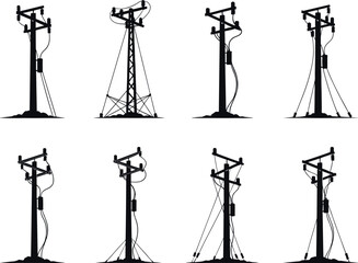 Utility pole silhouettes, structural diversity, wire and insulator configurations, electrical infrastructure, rural grid system, flavector