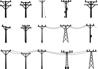 Utility pole silhouettes, structural diversity, transformer and wire configurations, electrical infrastructure, rural grid system, flavector