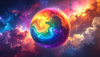 A vibrant, swirling sphere of rainbow colors floats amidst swirling, colorful nebulas and distant stars