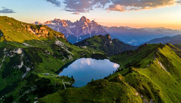 Aerial view of a mountain lake surrounded by verdant hills with rocky peaks in the distance under a pastel sky