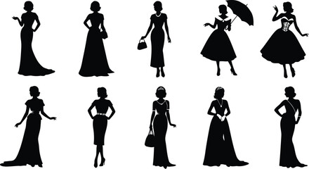 Elegant collection of female silhouettes in diverse dresses and poses, perfect for fashion and design projects, isolated on