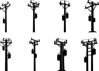 Utility pole silhouettes, transformer configurations, electrical infrastructure, power line diversity, rural energy grid, flavectorUtility