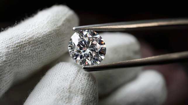 Gloved hand holds a brilliant-cut, round diamond with tweezers. The diamond is a symbol of elegance and the value of true luxury.