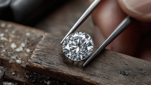 Close-up of a brilliant round cut diamond being held by tweezers, resting on a rustic wooden surface, catching the light with precision.
