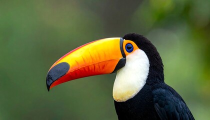 Naklejka premium A vibrant toucan portrait shows a big, colorful beak contrasting against lush green foliage in a profile shot
