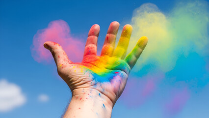 Open Hand Covered in Colorful Rainbow Powder Showing Inclusivity