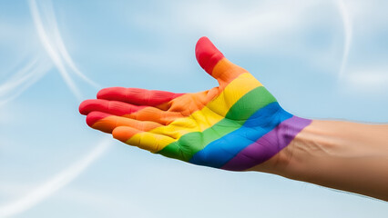 Hand Painted with Bright Rainbow Colors Raised Up Against Blue Sky