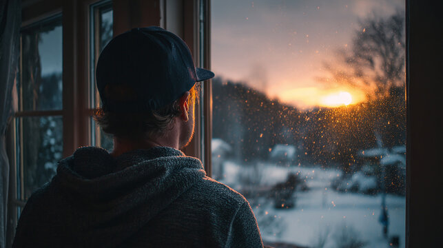 A solitary figure stands at the window, gazing out at the winter sunset. The view offers tranquility and time for self-reflection. - Powered by Adobe