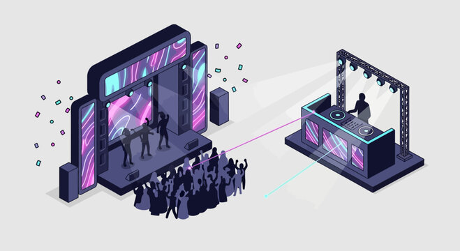 Isometric concert stage with DJ performing for crowd, vibrant lights and celebration, perfect for music event promotion and entertainment marketing materials