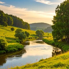 Serene river valley at sunset