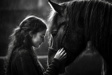Black and white portrait of person gently bonding with horse, emotional connection and love, generative ai