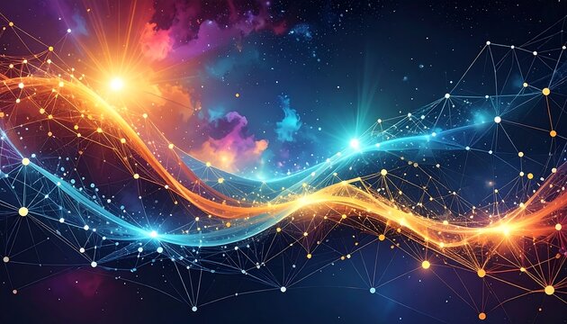 Abstract network of nodes and lines with stars against a colorful nebula galaxy background