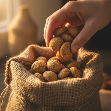 Warm, nostalgic photography of a hand taking spiced nuts from a sack, symbolizing the generosity of Saint Nicholas.