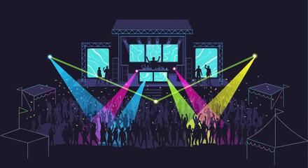 Vibrant music festival scene with energetic crowd, dazzling stage lights, and a DJ rocking the party, ideal for event promotions and entertainment concepts