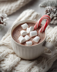 A warm cup of hot chocolate with marshmallows and a candy cane on a white blanket