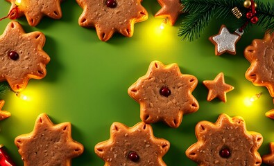 Flat lay composition with tasty homemade christmas cookies on green background space for text christmas background christmas holiday background winter decoration celebration