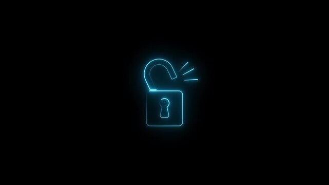 Glowing neon cracked unlock icon and background. Lock sign symbol. Lock animation, cyber lock icon and unlock animation.