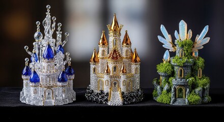 Three ornate miniature fantasy castles crafted from crystal, gold, and natural elements, displayed side by side.