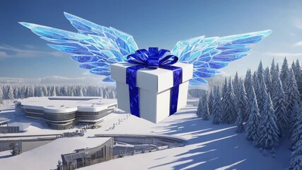 Gift box with wings at the North Pole. Christmas.	
 - Powered by Adobe