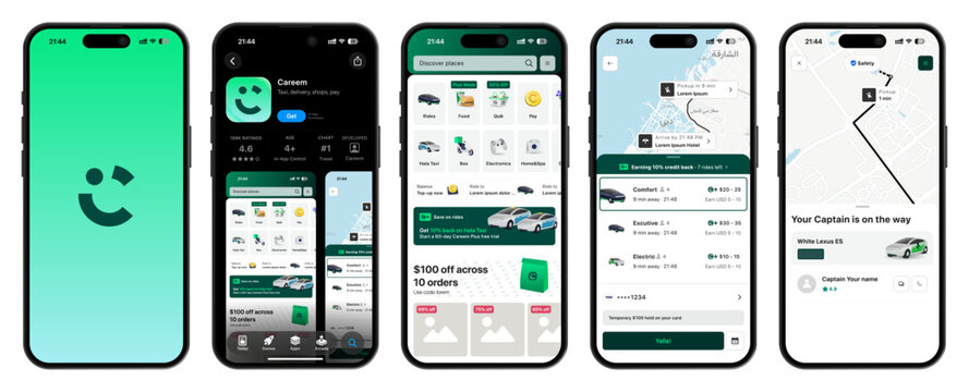 Careem by Uber ride-hailing and food delivery app UI design vector shown on iPhone 17 Pro, including taxi booking, food ordering, maps, and interface elements on transparent background.