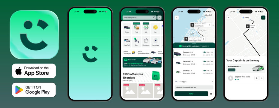 Careem by Uber ride-hailing and food delivery app UI design vector shown on iPhone 17 Pro, including taxi booking, food ordering, maps, and interface elements on transparent background.