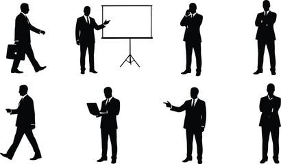 Collection of diverse businessman silhouettes in various poses, including walking, presenting, talking on phone, and working on laptop, isolated on