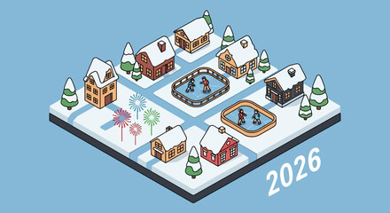Charming winter village illustration evokes joyful memories of cozy homes, ice skating fun, and festive fireworks as we anticipate the year 2026