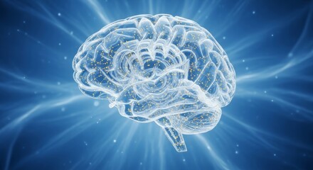 Conceptual illustration of a glowing human brain with digital light rays scientific and medical themed image