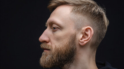 Profile portrait of a blonde-haired man with a ginger beard against a dark backdrop, showing off his hairstyle and well-groomed facial hair.