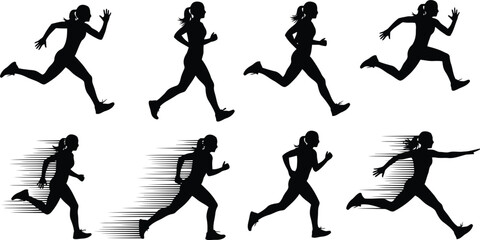 Collection of female runner silhouettes in various dynamic poses, depicting speed and athletic movement, isolated on