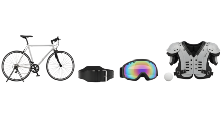 Black modern mountain bike with protective gear including gloves, goggles, shoulder pads, and a white ball isolated on white background, perfect for sports enthusiasts