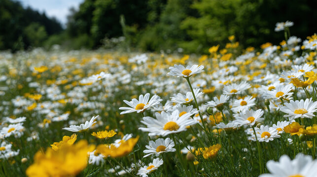 A beautiful field of white and yellow flowers basks under the sun, evoking a sense of peace and simple beauty on a sunny day.