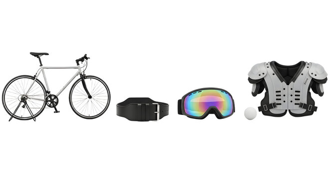 Black modern mountain bike with protective gear including gloves, goggles, shoulder pads, and a white ball isolated on white background, perfect for sports enthusiasts