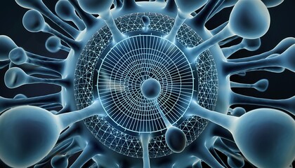 Abstract blue cellular structure with radial grid and spherical projections against a blurred dark background