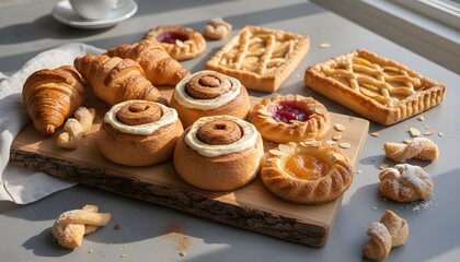 Assortment of pastries on a wooden board, including croissants and cinnamon rolls.