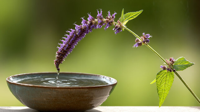 hyssop. A hyssop branch being dipped into a ceramic bowl of clear water. event programs, museum guides, designed for cultural heritage projects and event programs.

