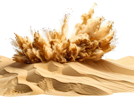 A powerful sandstorm erupts in the desert landscape