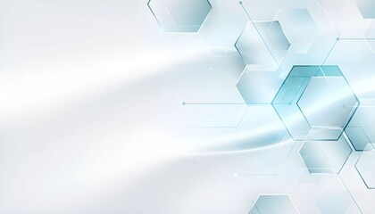 Abstract background with light blue hexagons and white space.