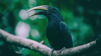trumpet. Trumpet bird perched on a jungle branch at dawn, beak open, misty forest background. wildlife magazines, conservation campaigns, designed for wildlife conservation campaigns.
