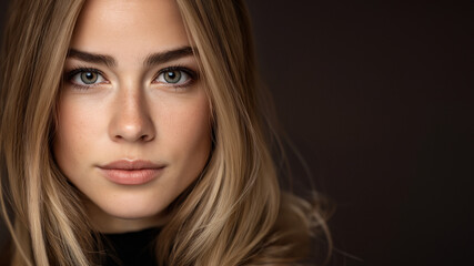 Naklejka premium Schönes Frauenportrait mit goldblonden Haaren und natürlichem Make-up vor braunem Hintergrund