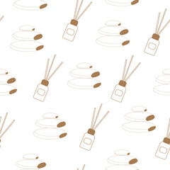 A seamless pattern with a spa and relaxation theme, featuring aroma sticks and massage stones