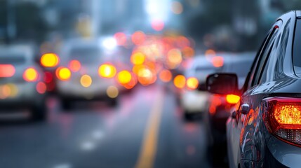 Abstract urban traffic jam at night with blurred moving cars, glowing red tail lights, illuminated stop signals, and colorful bokeh effects for dynamic city transportation and nightlife background
