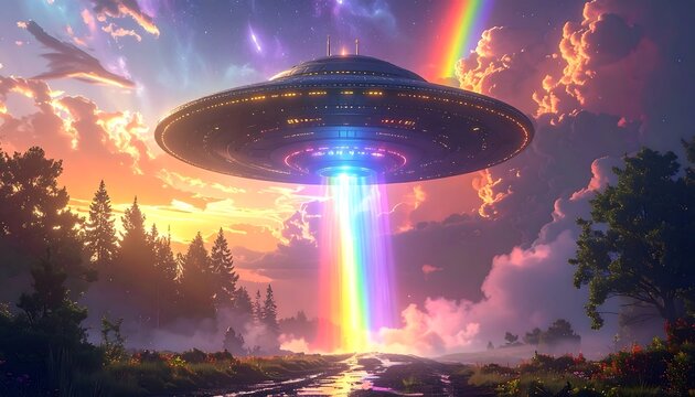 A vintage-style UFO hovers, beaming a rainbow light over a lush, scenic meadow at dusk
