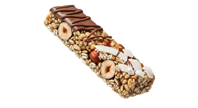 Nut and seed energy bar with chocolate drizzle and coconut flakes on a white background, ideal for healthy snacks and fitness nutrition