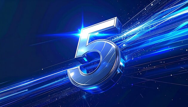 A vivid blue "5" rendered with glowing light streaks on a dark blue backdrop, evoking speed & futuristic vibes