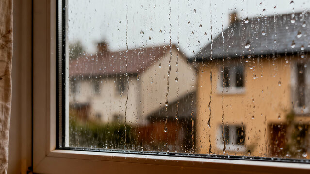 Water droplets on glass window with blurred neighborhood view outside during rainy day.