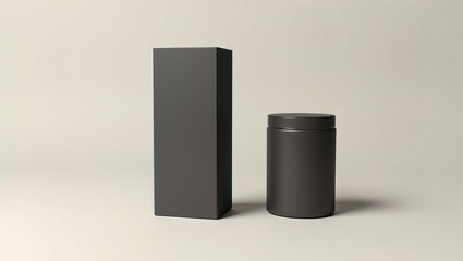 Minimalist product presentation with black packaging, a tall box and a jar against a muted background. Perfect for showcasing design