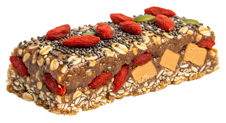 Healthy granola bar with oats, seeds, dried goji berries, and caramel cubes, perfect for nutritious snacks and on-the-go energy